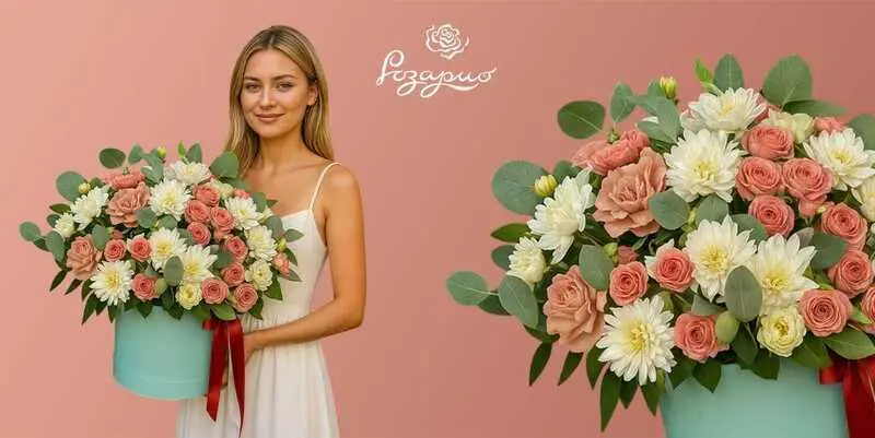 Большой букет нежный поцелуй в коробке, фронтальный вид в руках у девушки